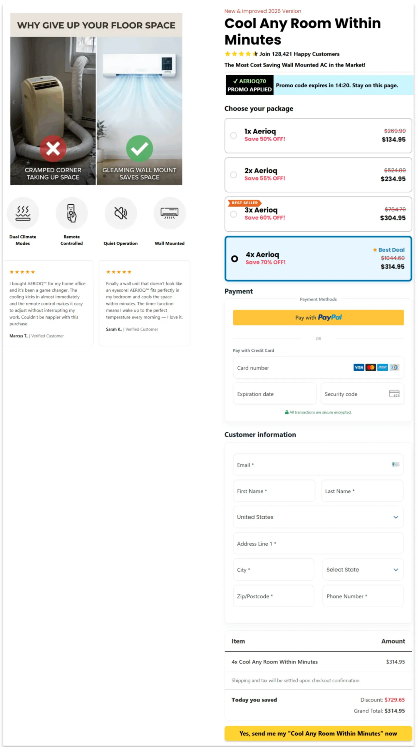 AERIOQ Heating & Cooling Secure Checkout Page